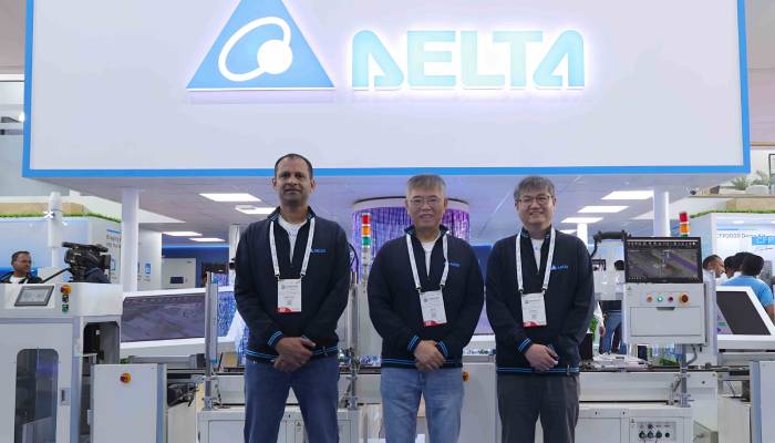 From left to right, Niranjan Nayak, MD of Delta Electronics India, Jimmy Yiin, Delta’s Executive Vice President of Global Business Operations & Benjamin Lin, President of Delta Electronics India