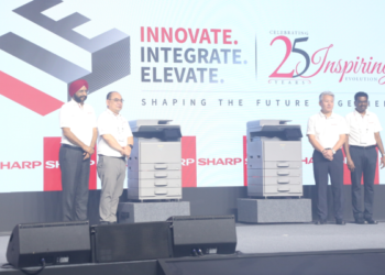 (From Left to Right) Sukhdev Singh, President - Smart Business Solutions, SHARP Business Systems (India) Private Limited; Osamu Narita, Managing Director, SHARP Business Systems (India) Private Limited ; Jun Kasawaki- Head, Asia Business Solutions Centre, Thailand; and Gedupuri Madhu, General Manager -Marketing & Product Planning India/ASEAN, SHARP Business Systems (India) Pvt Ltd. at the launch of the A3 colour MFP series in India during the SHARP National Dealer Meet 2025 and Silver Jubilee Celebrations in Jaipur