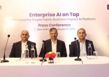 From left to right, Hitesh K Arora, EVP & Business Head at Intellect Design Arena Ltd, Arun Jain, Chairman and Managing Director of Intellect Design Arena and Chief Architect of Purple Fabric, Deepak Dastrala, Chief Technology Officer at Intellect Design Arena Ltd at the announcement of Purple Fabric, a Judgment-Centric full-stack Open Business Impact AI platform at Hotel Lalit, New Delhi